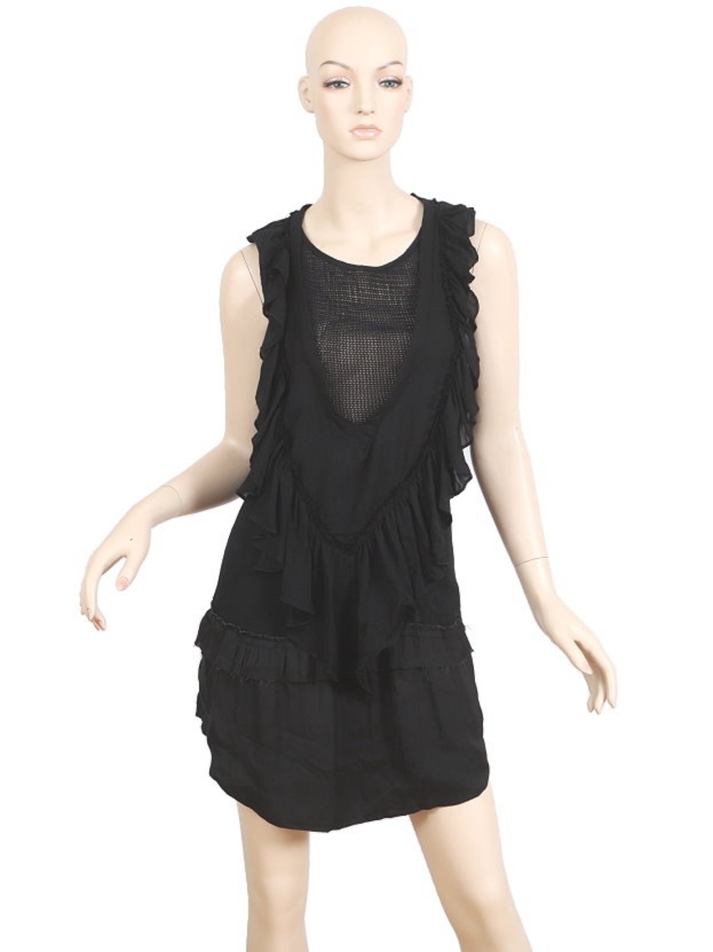 Isabel Marant Black Ruffle Mesh-Front asymmetric sleeveless dress 40/8